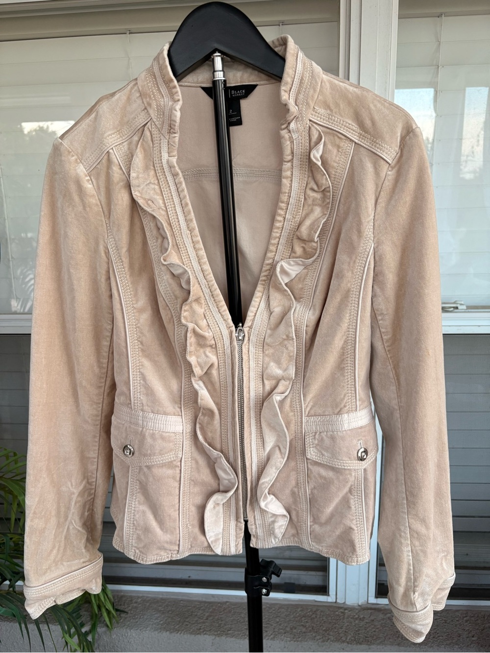 White House Black Market Cream Ruffle-Trim Leather Jacket